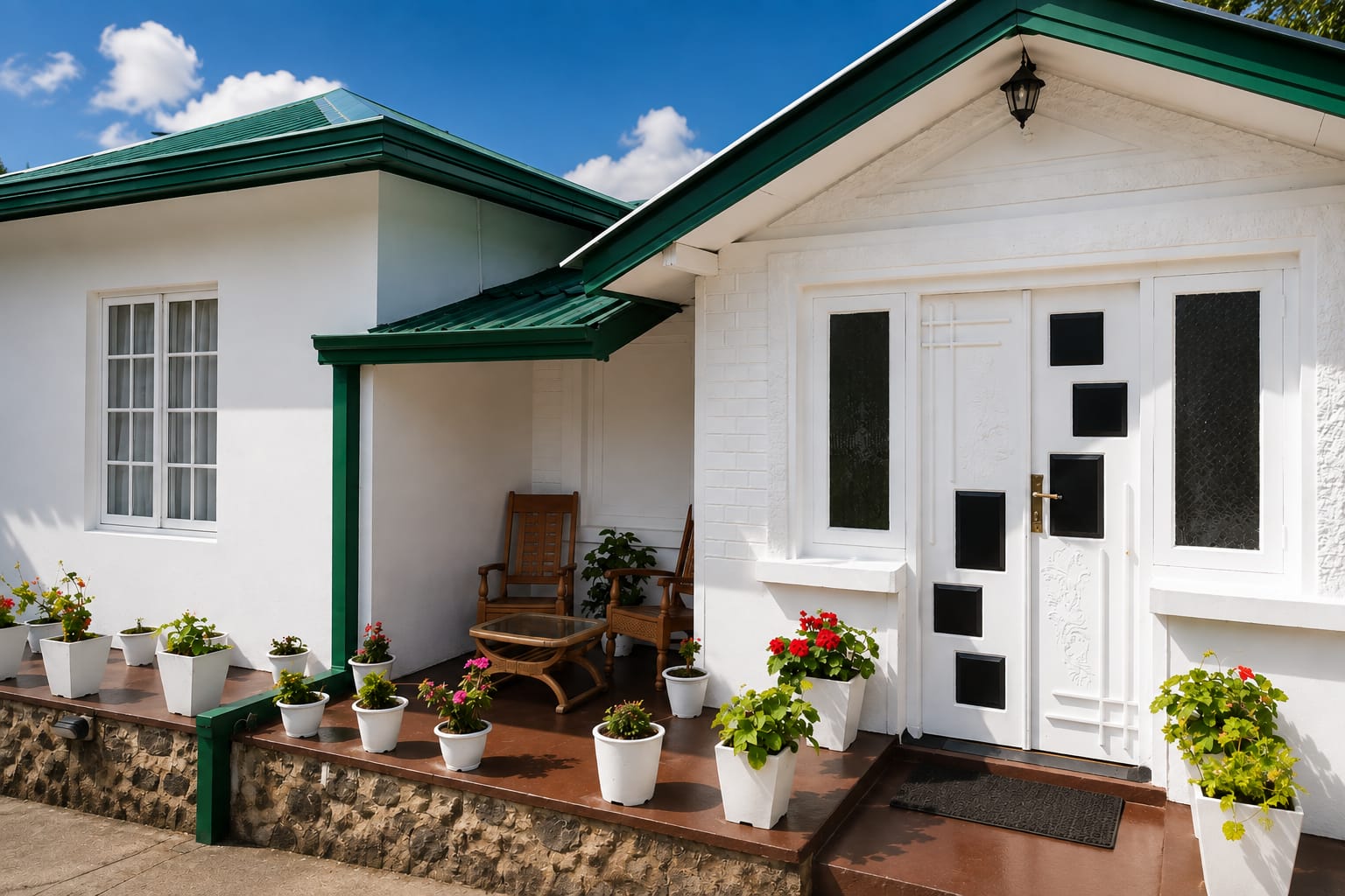 The front of Zion White House: a white house with a green tiled roof, a covered porch with wooden rocking chairs, and rows of geraniums in white pots along the step.